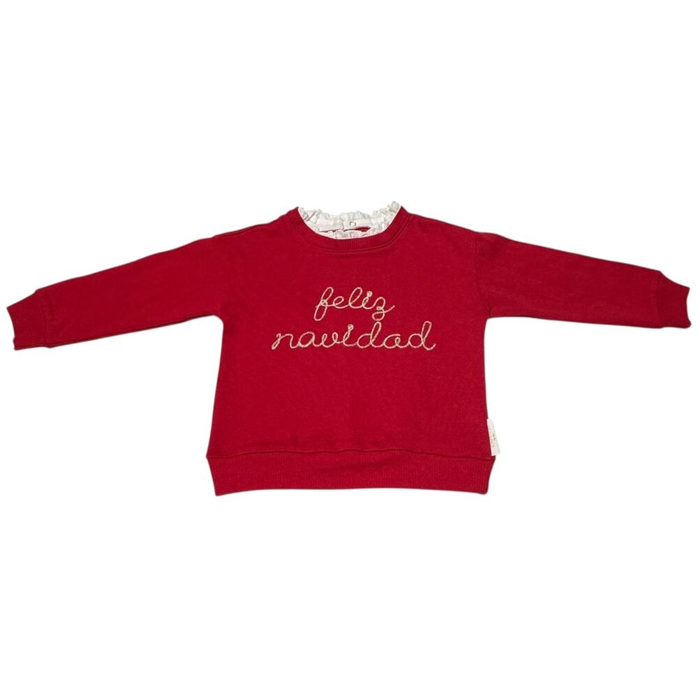 Tahari Ruffle Trim Neckline Crewneck Feliz Navidad Red White Gold 3T